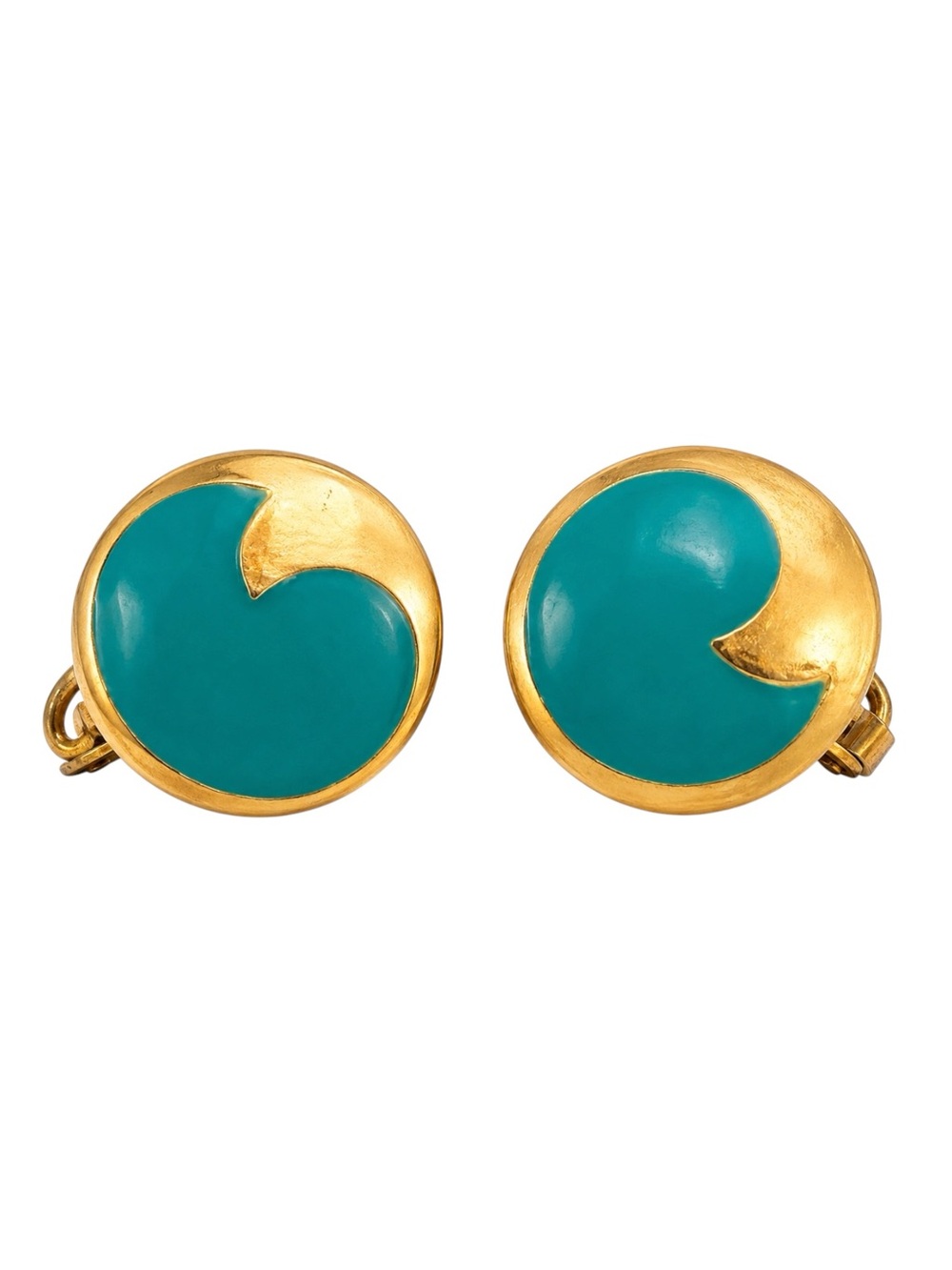Vintage Teal Enamel Gold‎ Tone Clip On Earrings Mid Century Modern Retro